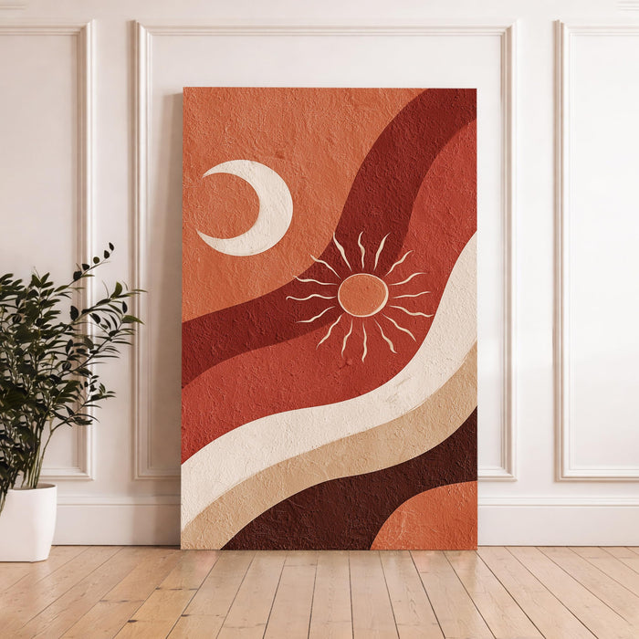 Boho Moon and Sun Stretched Canvas Painting For Living Room | Abstract Desert Stretched Canvas Wall Art For Livingroom Home Decor, Bedroom, Hallway's, Office, Hotel - 56x86 cm