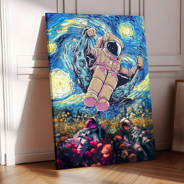 Art Street Stretched Canvas painting Three Space Astronauts Starry Night Graffiti Wall Art for Home Decor, Living Room, Office.