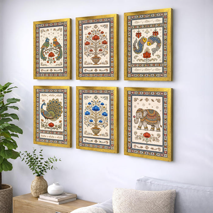 Madhubani Painting With Frame for living room, Traditional Rajasthani Style Framed Wall Art Painting for Home Decor Set of 6, Size 9.5 by 12.5 Inch