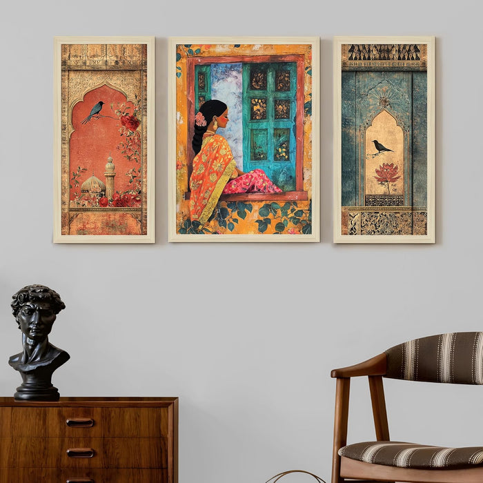 Botanicals Pichwai Framed Wall Art Painting Home Décor Pack Of 3 | Digital Scenery Painting with Frame, Set Of 3 22x46 cm, 33x44 cm