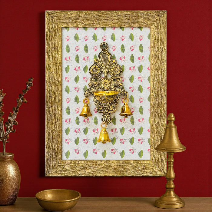 Art Street Brass Framed Wall Hanging Diya Decorative Metal Oil Lamp with Ganesha Diya Frame Inspired Traditional Indian Home Decor Pooja Room Golden Frame with Metal and Bells 21x26 cm