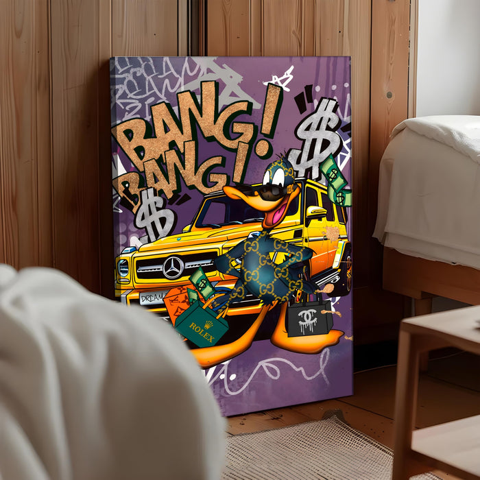Luxury Street Pop Art Duck Wall Painting | Money & Success Graffiti Style Stretched Canvas Art Print| Modern Wall Décor for Home & Office, 56x86 cm