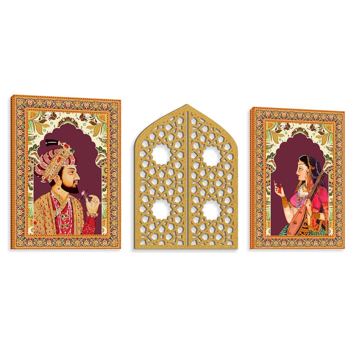 Stretched Canvas Painting, Artwork with MDF Jali for Living Room, Gallery Wall Art (Set of 3, 12x16 Inch Each)