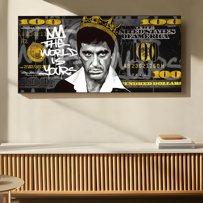 PAINTINGMANTRA Luxury Crowned Gangster Pop Art Wall Painting | Bold Money-Themed Portrait Stretched Canvas Artwork for Living Room & Office Décor, 22x46 Inch