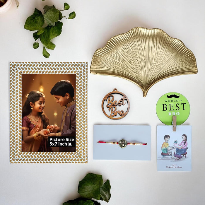 Art Street Rakhi Gift Hamper Combo Set-One 5x7 Inch Photo Frame With Ganesh Rakhi for Brother, Best Bro Keychain, Decorative Tray, One Photo Clip Best Brother Fridge Magnet Rakshabandhan Rakhi