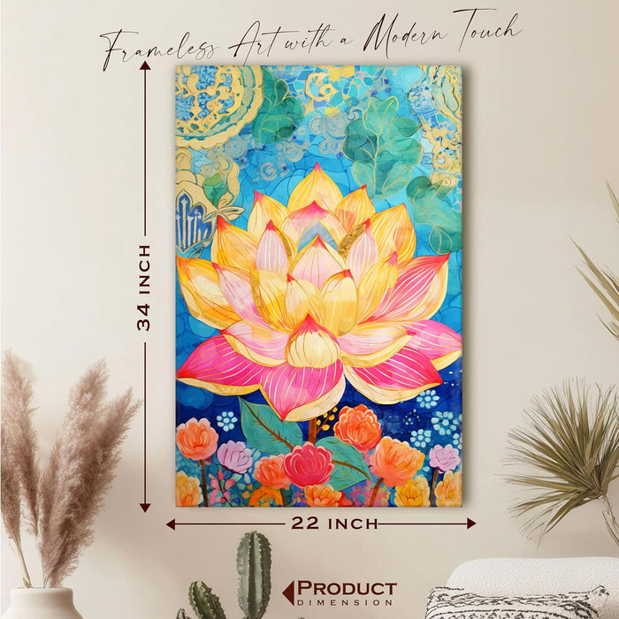 Modern Abstract Multicolor Lotus Flower Art Stretched Canvas Painting with Frame – Canvas Wall Art – 23x35 Inch Framed Canvas