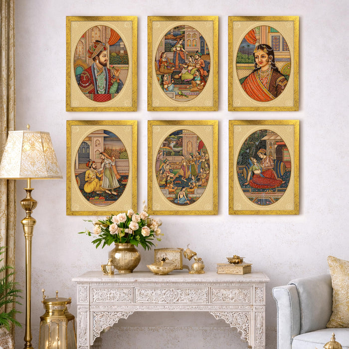Mughal Miniature Painting With Frame for living room, Rajasthani Emperor Framed Wall Art Painting for Home Decor Set of 6, Size 9.5 by 12.5 Inch