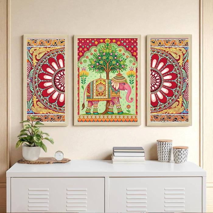 Elephant and Flowers Madhubani Framed Wall Art Painting Home Décor Pack Of 3 | Digital Scenery Painting with Frame | Suits for Hallways, Living Room, Office Set Of 3 22x46 cm, 33x44 cm