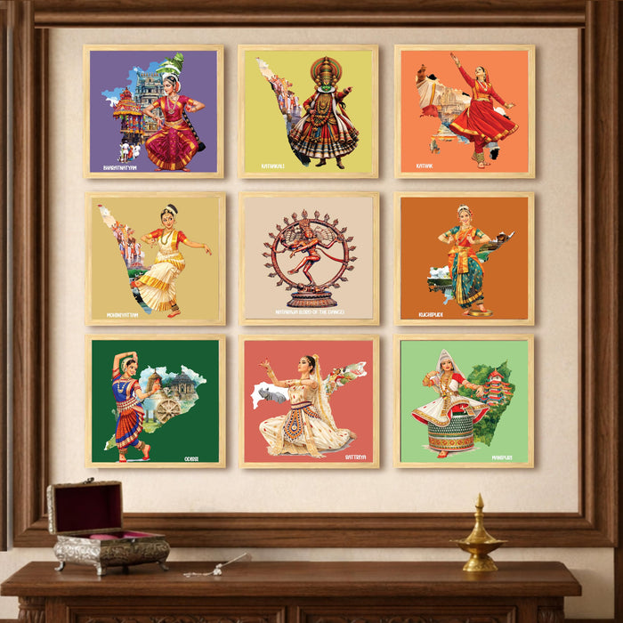 Indian Classical Dance forms Wall Art Paintings with Frame For Living Room | Traditional Indian Dance Culture Framed Wall Art Paintings for Home, Set of 9, (9x9 Inch)