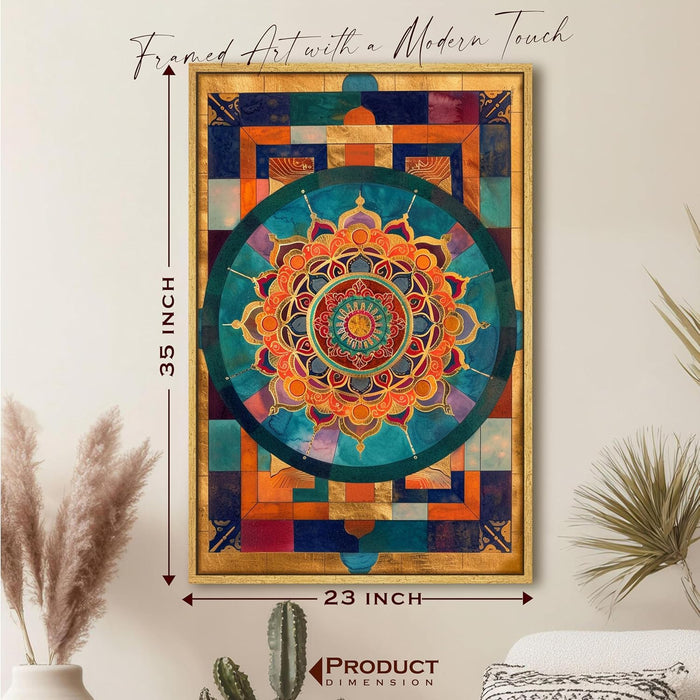 Abstract Multicolor Geometric Mandala Painting with Frame, Framed Canvas Paintings Stretched Canvas Wall Art 22x34 Inch