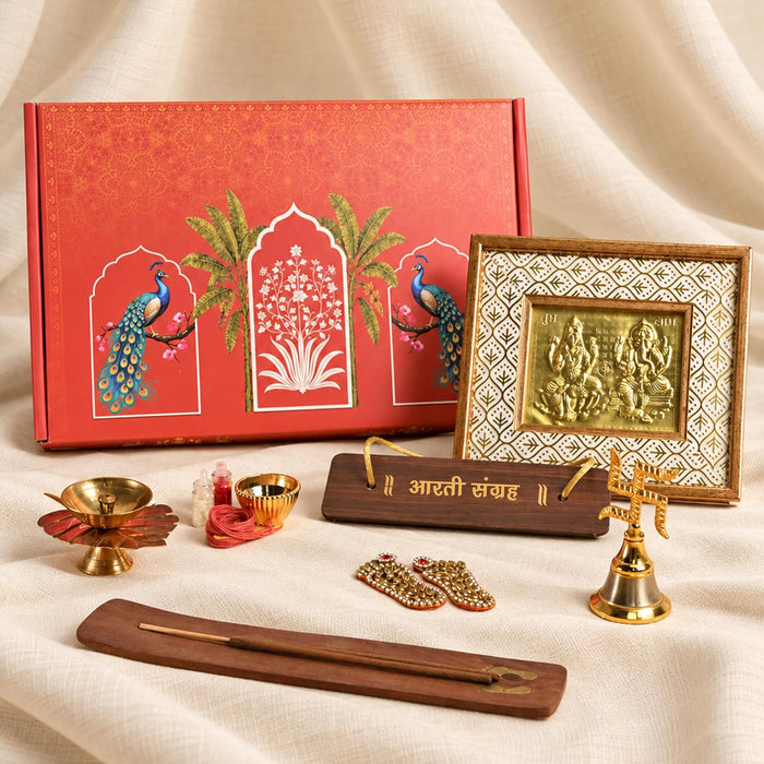 Pooja Hamper Box with Laxmi Ganesh Frame, Laxmi Charan, Aarti Sangrah, Ghanti, Agarbatti and Candle for Diwali Celebration and Gift for Family, Friends and Relatives (Pack of 7)