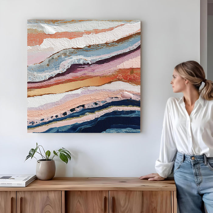 Abstract Stretched Canvas Wall Art Painting For Living Room, Modern Abstract Layered Coastal Landscape, Blue, Pink & Coral Textured Painting for Living Room, Office & Home Decor (56xx56 cm)