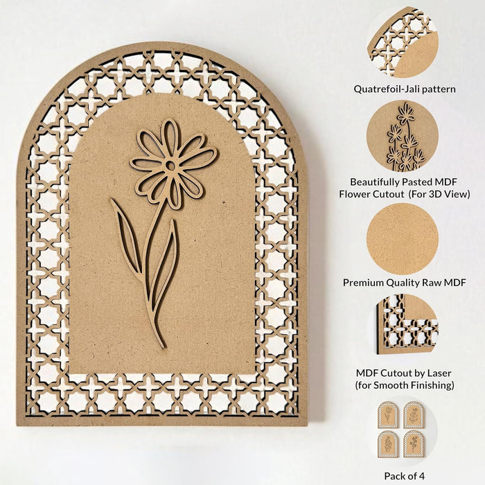 Boho Wall Decor Pack of 4 MDF Floral Wall Hanging with Quatrefoil Jali Pattern 3D Boho Art Cutouts Wall Art 21x25 cm