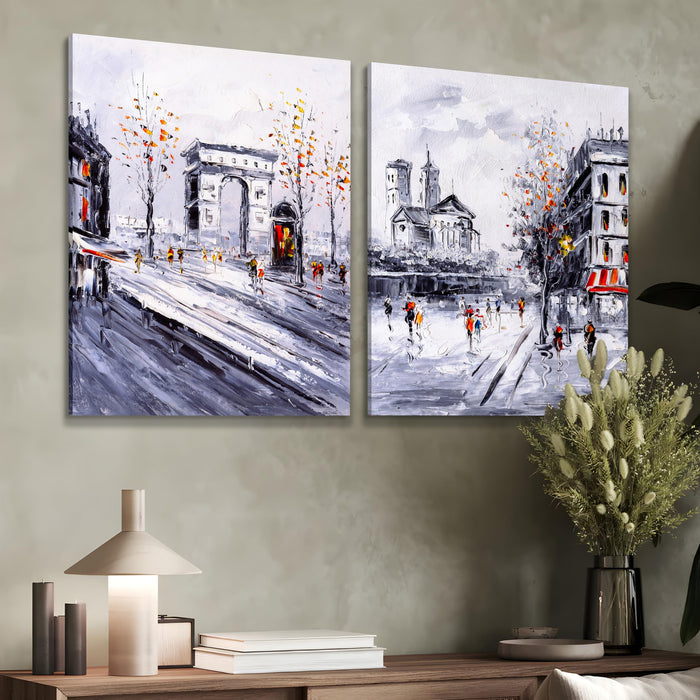Art Street Stretched On Frame Canvas Painting Two Paris City Street Art For Living Room, Decorative Home & Wall Décor Abstract Art (Set Of 2, Size: 16x22 Inch)