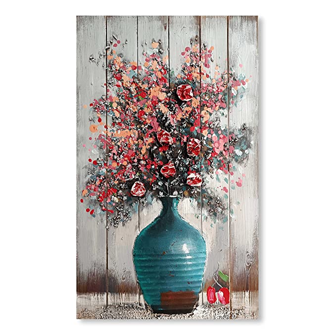 Canvas Floral Hand Painted Flower Pot Hand-made On Wood Plank Embossed Textured Wooden Decorative Art Original Oil Painting