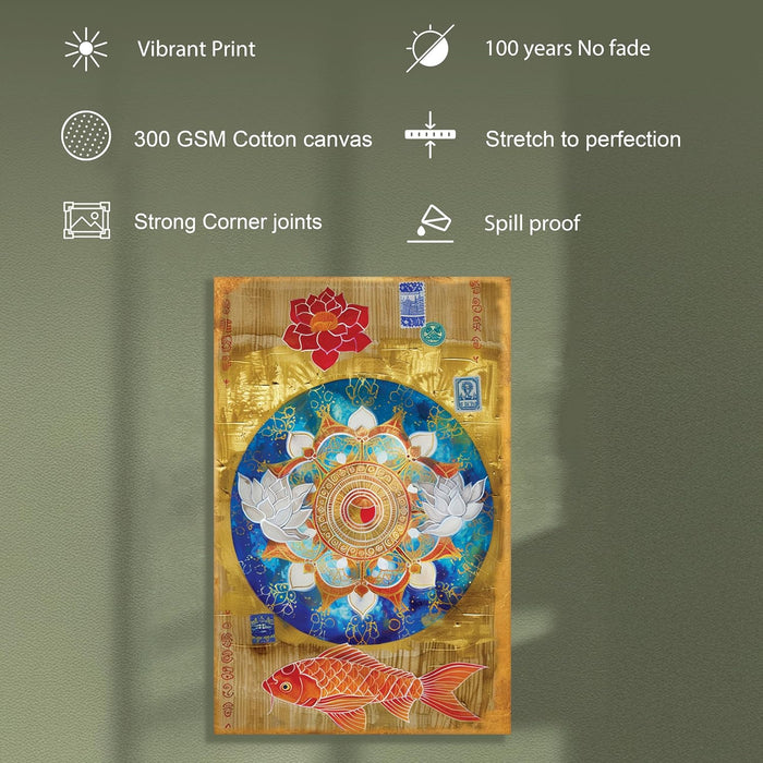 Abstract Mandala Art of Lotus and Koi Fish Multicolor Wall Art on Stretched Canvas – Frameless Unframed Gallery Wrap Canvas Wall Art 22x34 Inch