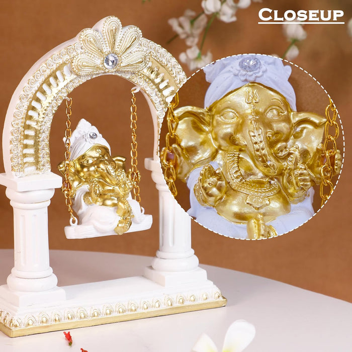 Ganesh Ji Idol for Car Dashboard Home and Pooja Swinging Ganesha Murti Golden and White Ganesh Ji Idols for Gift Mandir Altars Resin Ganesha Statue for Car and Home Height - 23 cm