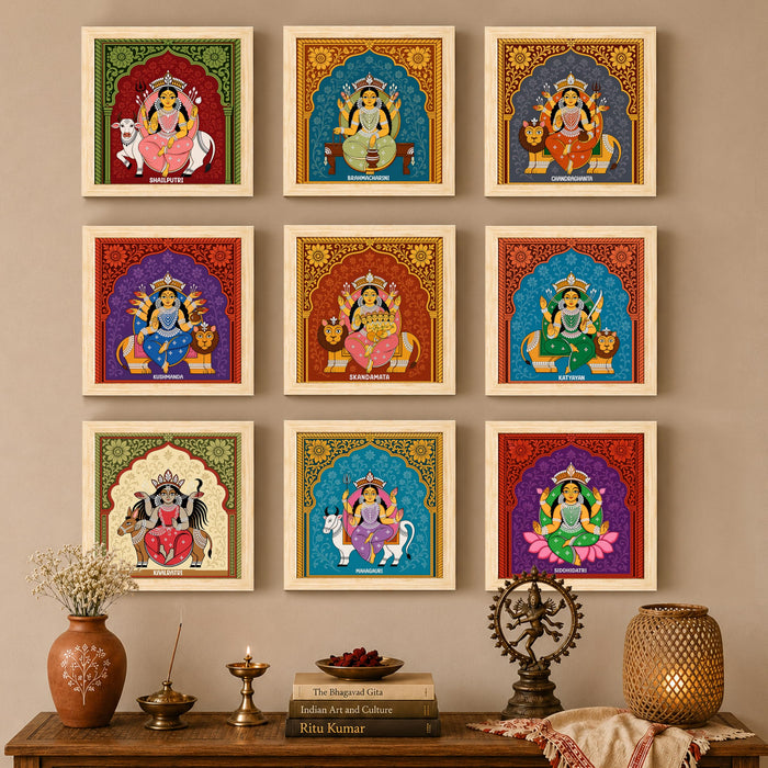 Nine Forms of Nav Durga Wall Art Painting Set of 9 with Frames 9x9 Inch, Hindu Goddess Navratri Decorative Wall Paintings & Showpiece, Spiritual Religious Wall Decor for Living Room, Pooja Room