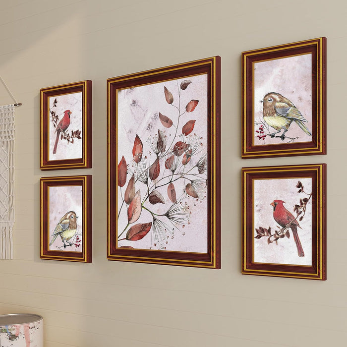 Art Street Bird On Branch Framed Art Print For Living Room, Decorative Home & Wall Decor - Set Of 5 (Brown, 4 Pcs-5x7 Inch, & 12x16 Inch)