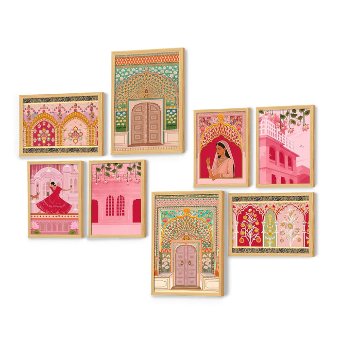 Womens indian Architecture Indian Folk Art Wall Art Print Paintings, Set of 8 | Digital Framed Painting | 30x42, 21x30 cm