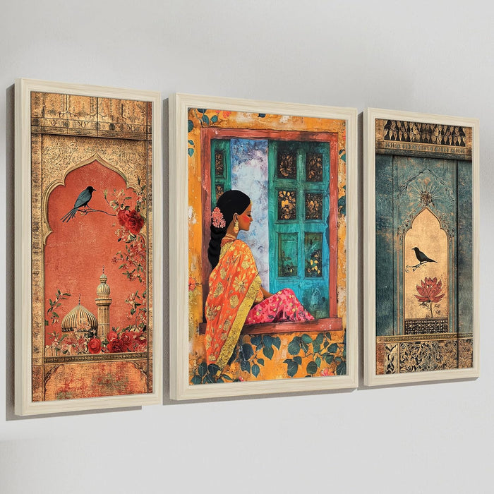 Botanicals Pichwai Framed Wall Art Painting Home Décor Pack Of 3 | Digital Scenery Painting with Frame, Set Of 3 22x46 cm, 33x44 cm