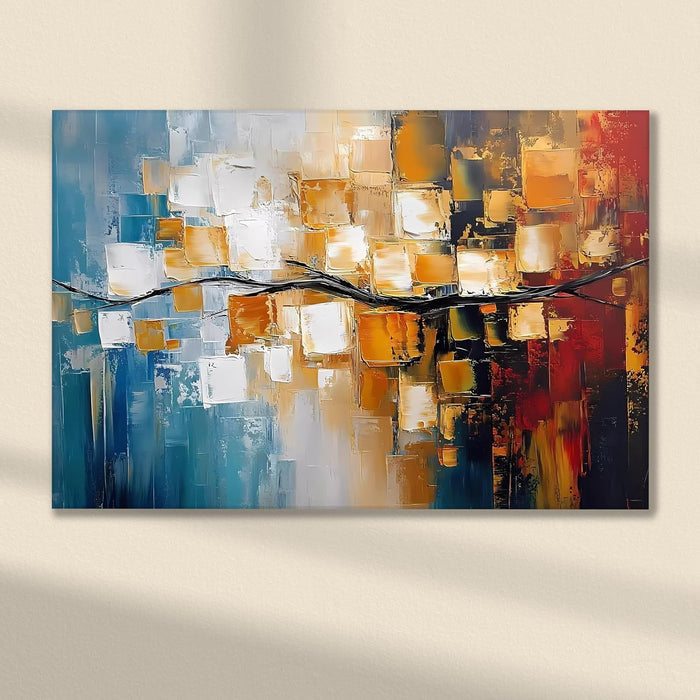 Landscape Abstract Canvas Wall Art Painting Btanch Of A Tree in Multicolor | Digital Painting on Framed Stretched Canvas (23x35 Inch)