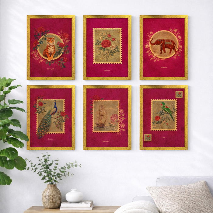 Madhubani Pichwai Painting With Frame for living room, Lotus Flower Framed Wall Art Painting for Home Decor Set of 6, Size 9.5 by 12.5 Inch