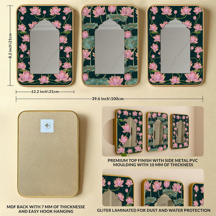 Decorative Jharokha Acrylic Mirror Set of 3 Lotus Flowers Printed Gold Metal Finish Décor Mirror (8.2x12.2 Inches)