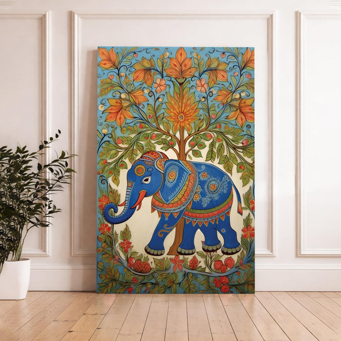 Madhubani Elephant Stretched Canvas Painting For Living Room | Indian Folk Animal Stretched Canvas Wall Art For Livingroom Home Decor, Bedroom, Hallway's, Office, Hotel - 56x86 cm