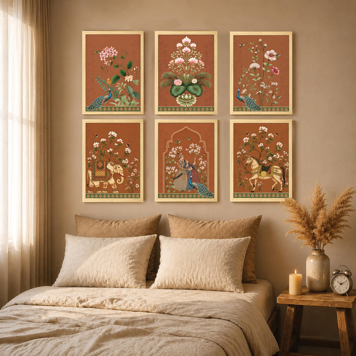 Mughal Rajasthani Folk Wall Art Painting, Traditional Royal Elephant, Horse & Peacock Theme Wooden Framed Wall Art Print for Living Room, Bedroom & Home Decor (Set of 6, 13x9 inch)