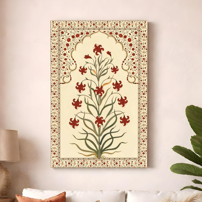 Madhubani Floral Jharokha Stretched Canvas Painting For Living Room | Mughal Garden Stretched Canvas Wall Art For Livingroom Home Decor, Bedroom, Hallway's, Office, Hotel - 56x86 cm