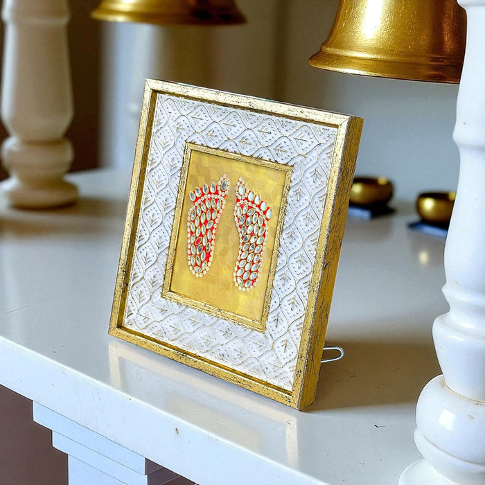 Gold Plated Lakshmi Charan Photo Frame, Silver and Gold God Photo Frames (6x5 inch)