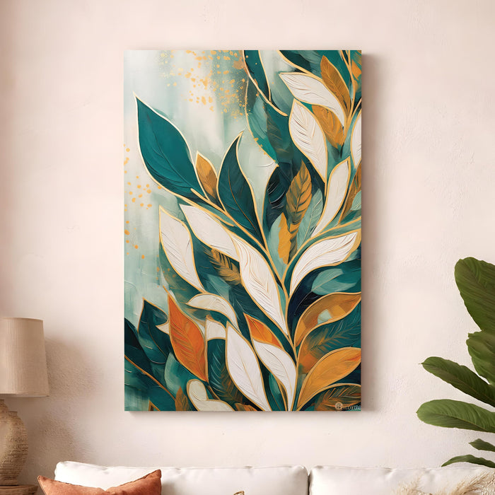 Abstract Botanical Leaves Stretched Canvas Painting For Living Room | Boho Tropical Stretched Canvas Wall Art For Livingroom Home Decor, Bedroom, Hallway's, Office, Hotel - 56x86 cm