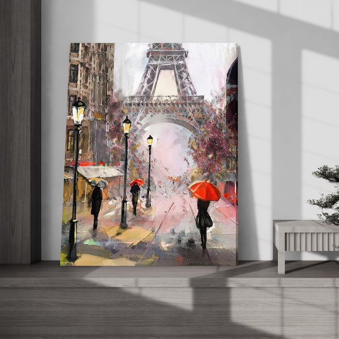 Art Street Stretched On Frame Canvas Painting Eiffel Tower People Under Red Umbrella Art For Living Room, Decorative Home & Wall Décor Abstract Art (Size: 16x22 Inch)