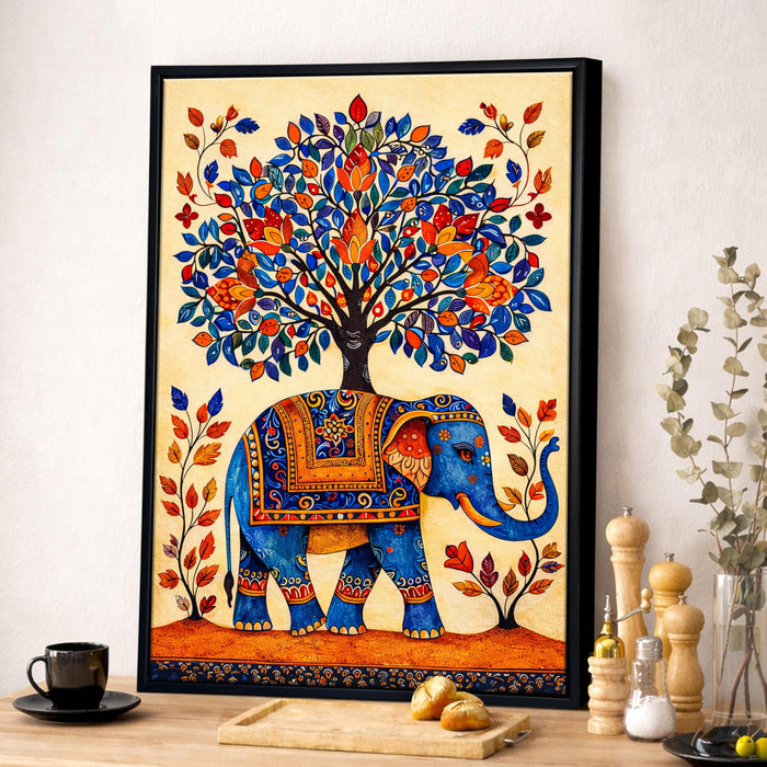 Madhubani Elephant Framed Canvas Painting for Living Room Wall Decor, Tree of Life Indian Traditional Vastu Framed Canvas Wall Art for Vastu Place Bedroom Home Hallways Office Hotel, Size 43x58 cm