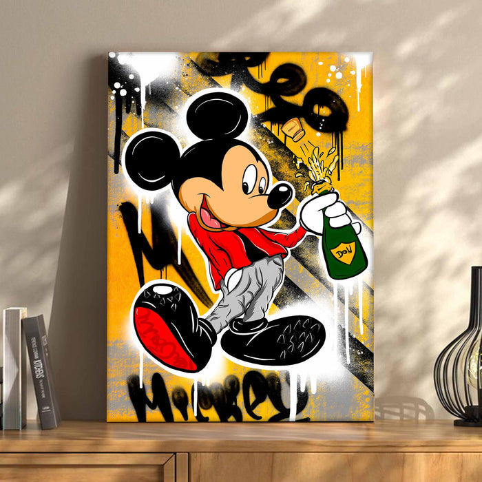 PAINTINGMANTRA Cartoon Mouse Champagne Stretched Canvas Painting Print| Graffiti Style Pop Art Wall Décor | Modern Street Art Canvas for Home & Office, 41x56 cm