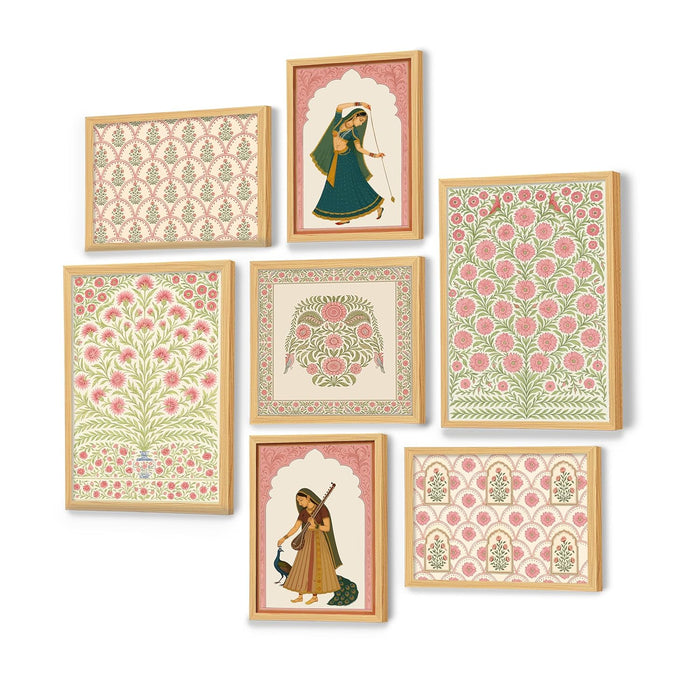 Womens Floral Indian Folk Art Wall Art Print Paintings, set of 7 | Digital Framed Painting 30x42, 21x30, 30x30 cm