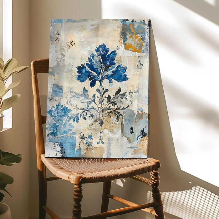 Abstract Watercolor Floral Art in Blue, Beige, and Orange | Digital Painting On Canvas Stretched on Wood (16x22 Inch)