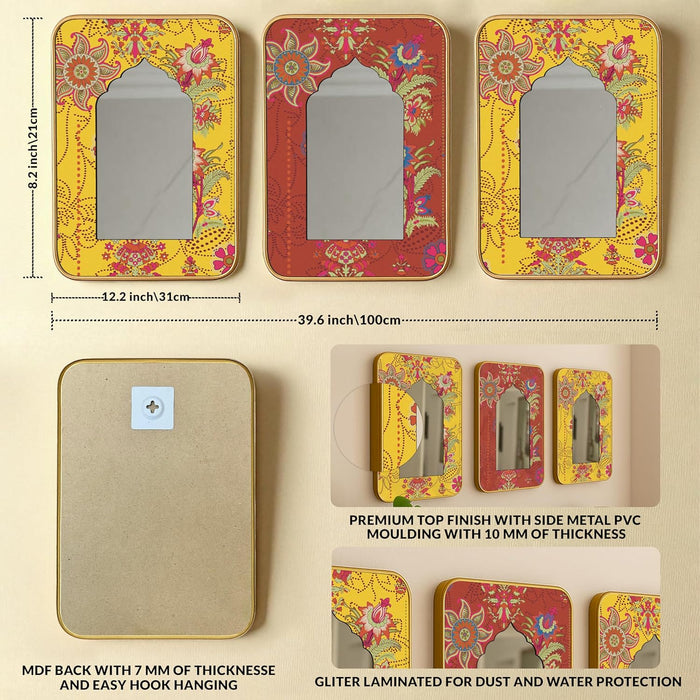 Decorative Jharokha Acrylic Mirror Set of 3 Blue Yellow and Green Floral Pattern Printed Gold Metal Finish Décor Mirror (8.2x12.2 Inches)