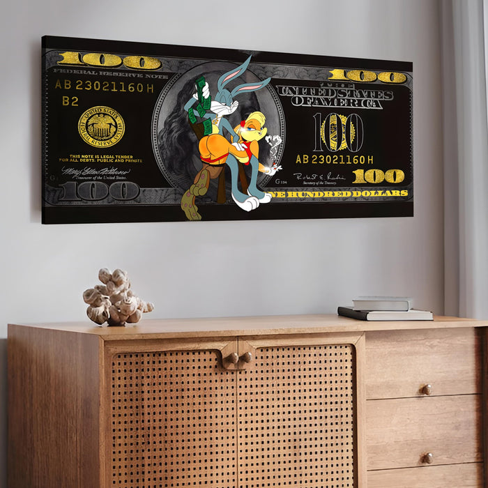 Urban Street Art Stretched Canvas Wall Decor – Modern Bill Money Background Pop Art – Edgy Lifestyle Canvas for Office, Man Cave, or Home – Gallery Wrapped, 22x46 Inch