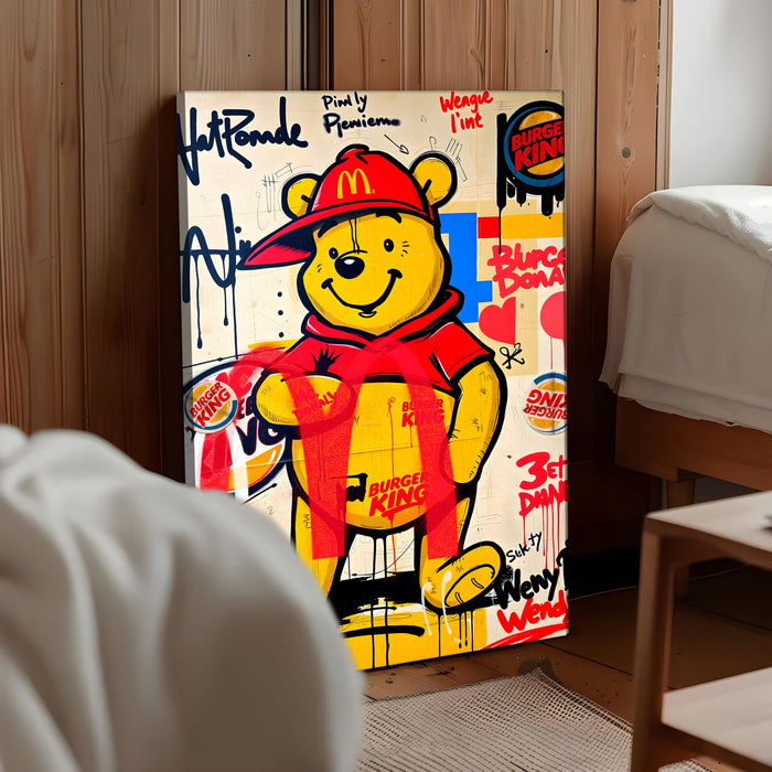 Bear Graffiti Stretched Canvas Painting Print | Pop Art Street Style Wall Décor | Modern Abstract Canvas Art for Home & Office, 56x86 cm