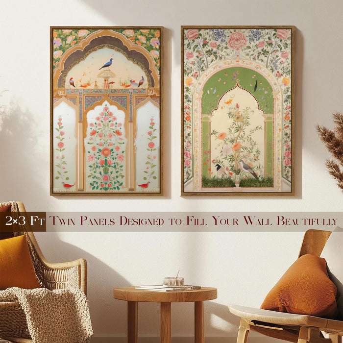 Mughal Jharokha Peacock and Flower Canvas Indian Large Wall Art Painting for Living Room Decoration, Stylish Large Wall Art Print for Wall Decor (Set of 2, 58x89 cm)