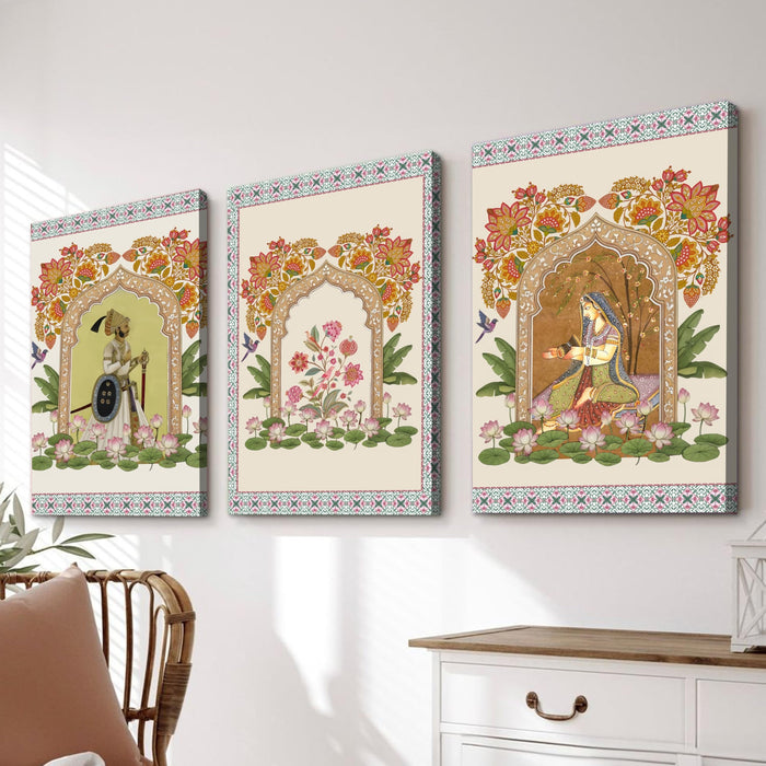 Set of 3 Stretched Canvas Indian Miniature Painting Print Stretched Canvas Wall Art Set of 3 with Mughal Art Wall Decor, Pichwai Floral Archway Traditional Painting 30x42 cm