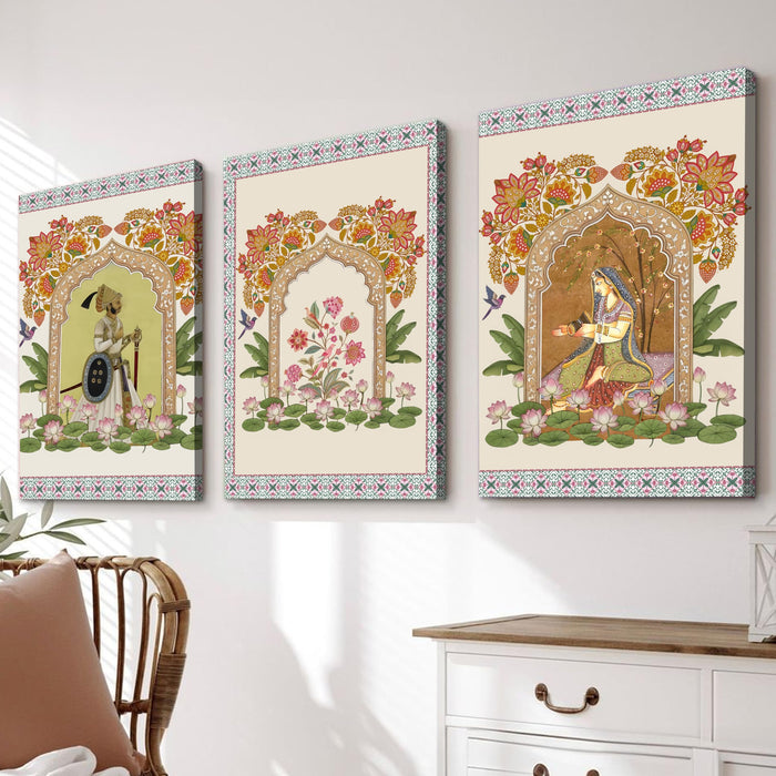 Set of 3 Stretched Canvas Indian Miniature Painting Print Stretched Canvas Wall Art Set of 3 with Mughal Art Wall Decor, Pichwai Floral Archway Traditional Painting 30x42 cm