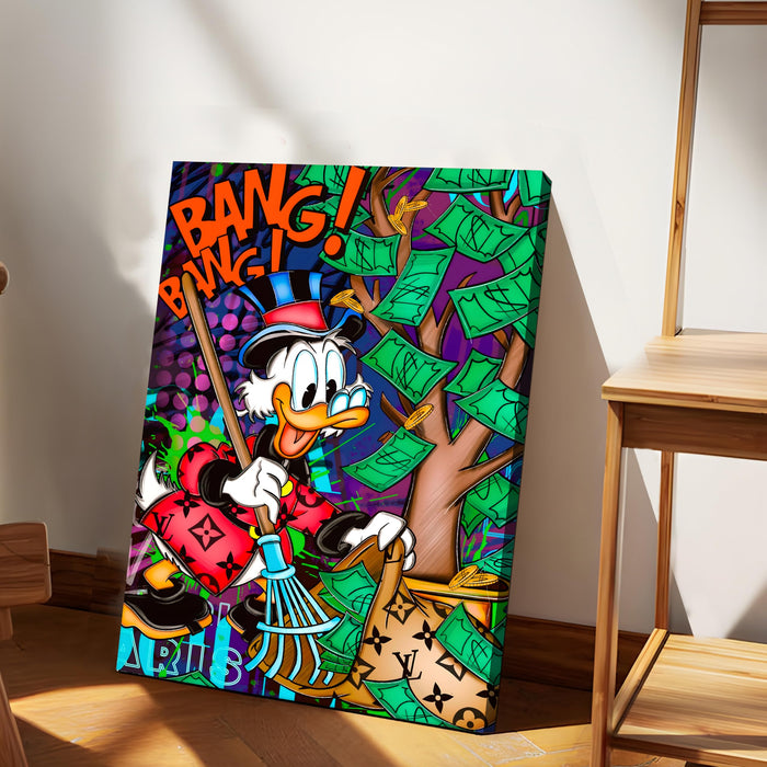 Bang Bang Hustle Pop Art Stretched Canvas Painting Print | Money Tree Street Art Wall Décor | Bold Motivational Artwork for Modern Home & Office, 41x56 cm
