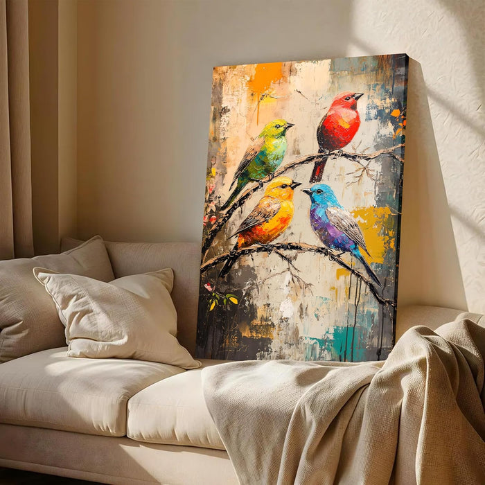 Landscape Abstract Canvas Wall Art Painting Birds Standing on Branch Multicolor | Digital Painting on Canvas Stretched on Wood (22x34 Inch)
