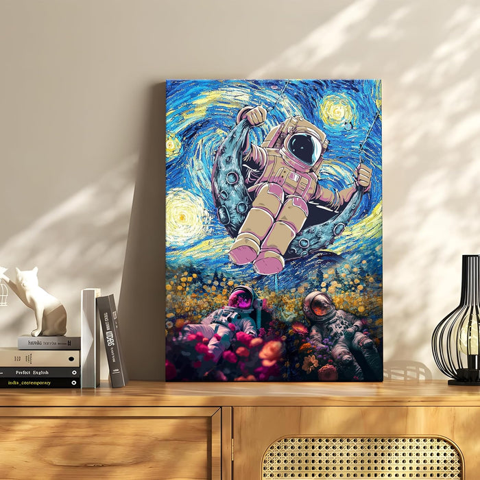 Stretched Canvas Painting Three Space Astronaut Starry Night Graffiti Wall Art Print for Home Decor (Multicolor))