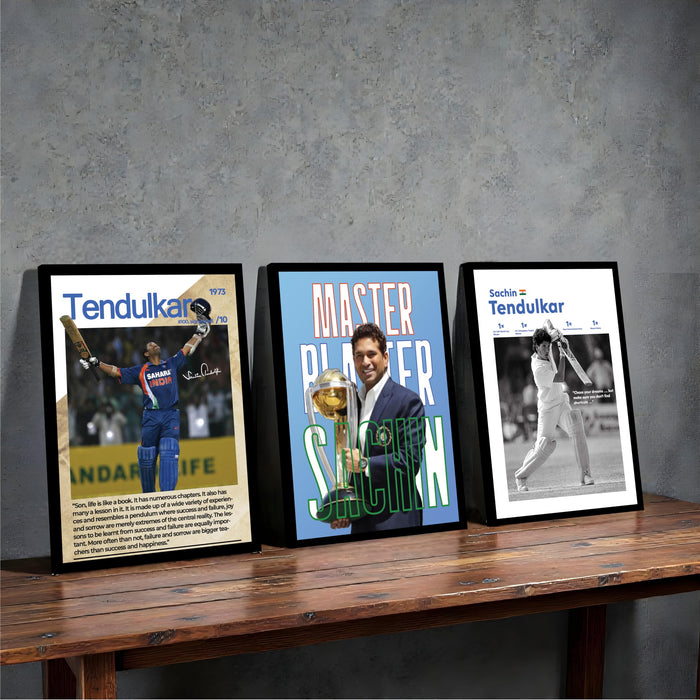 Sachin Tendulkar Wall Art | Master Blaster Cricket Posters | Framed Sports Wall Decor for Living Room, Bedroom, Office & Cricket Lovers (13.9x17.6 Inch, Set of 3)