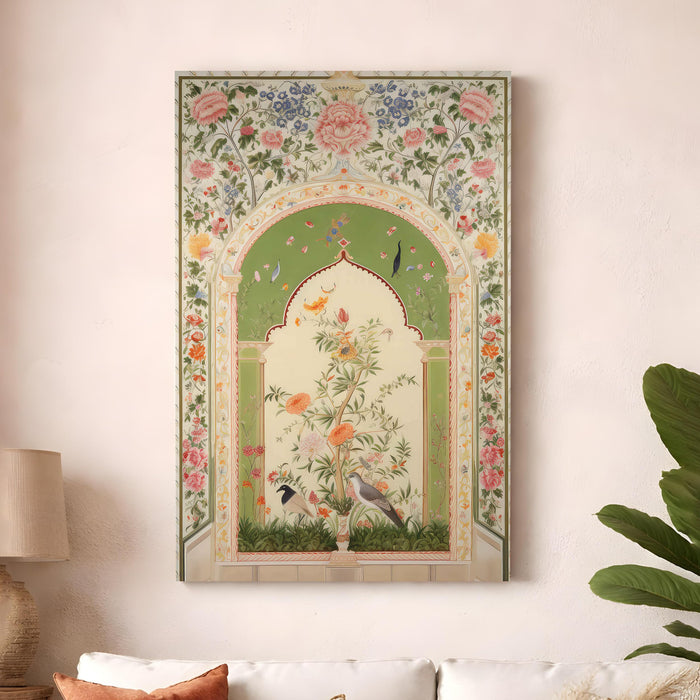 Mughal Floral Stretched Canvas Painting For Living Room | Madhubani Garden Stretched Canvas Wall Art For Livingroom Home Decor, Bedroom, Hallway's, Office, Hotel - 56x86 cm