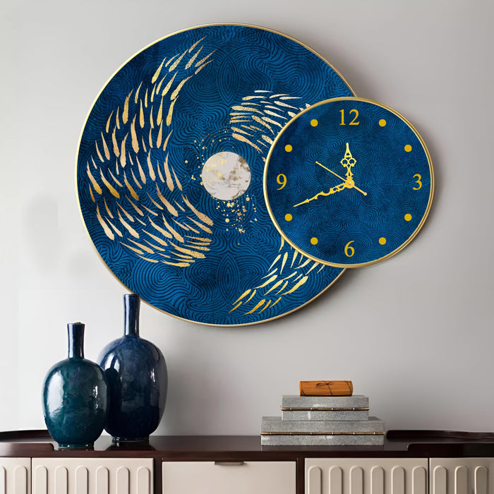 Nordic Moon Fish Round Wall Painting with Clock for Home, Clock with Painting Circular Gold Metal Finish Stylish Large Wall Art Print (28x22 Inches)
